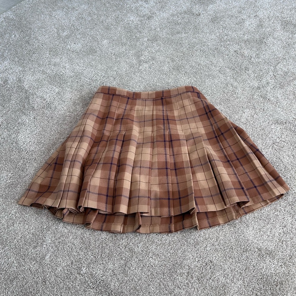 Aritzia Brown Plaid Pleated A-Line Skirt